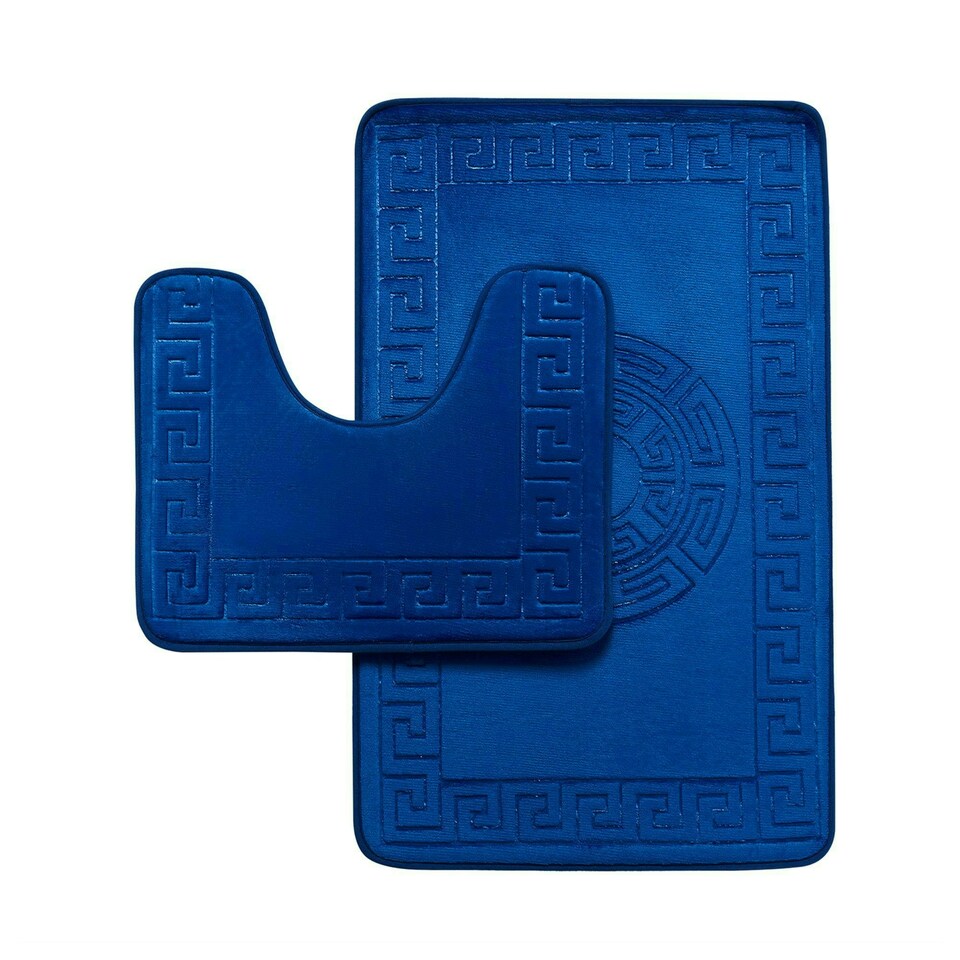 image 1 of VELVETIO Bath Mat Set Greek Pattern Anti Slip Memory Foam Toilet Rug Blue | Royal Blue