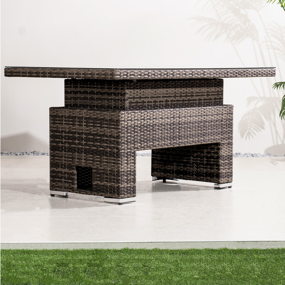 image 1 of Direct Wicker Outdoor Garden Rattan Rising Table with 5mm Clear Tempered Glass Top, Aluminium Frame for Patio, Balcony | Brown