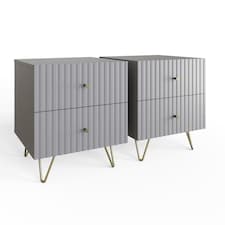 Thalia Ribbed 2 Drawer Bedside Table Pair | Grey | Grey