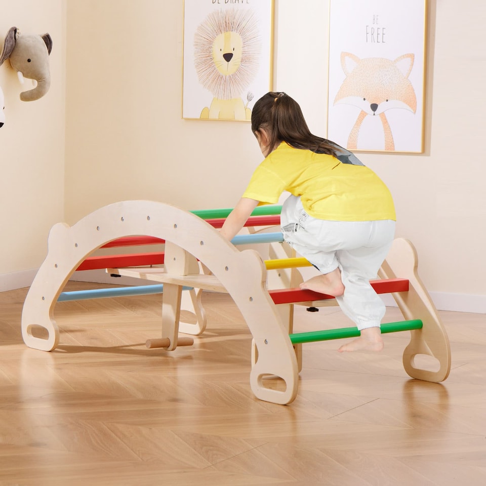 image 1 of COSTWAY Multifunctional Rocking Horse Arch 4-in-1 Wooden Climbing Toys