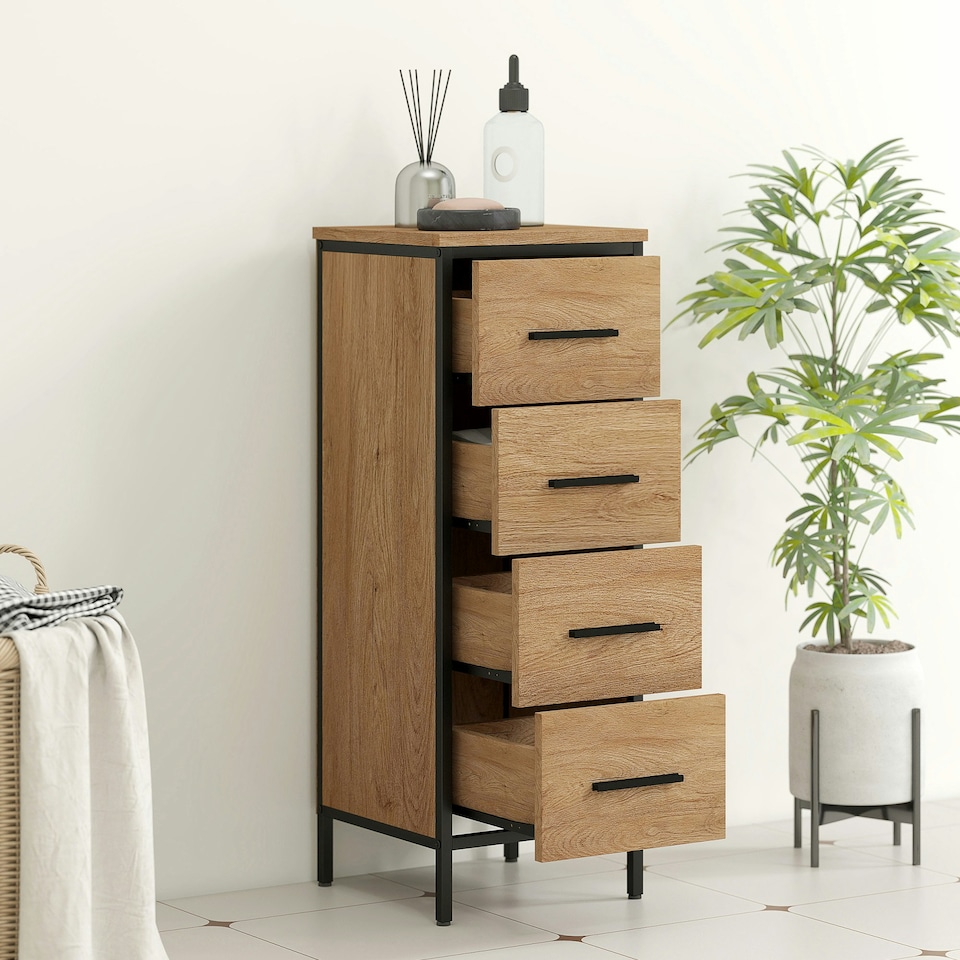 image 1 of HOMCOM Narrow Bathroom Storage Cabinet with 4 Drawers for Small Spaces, Oak Brown | Black