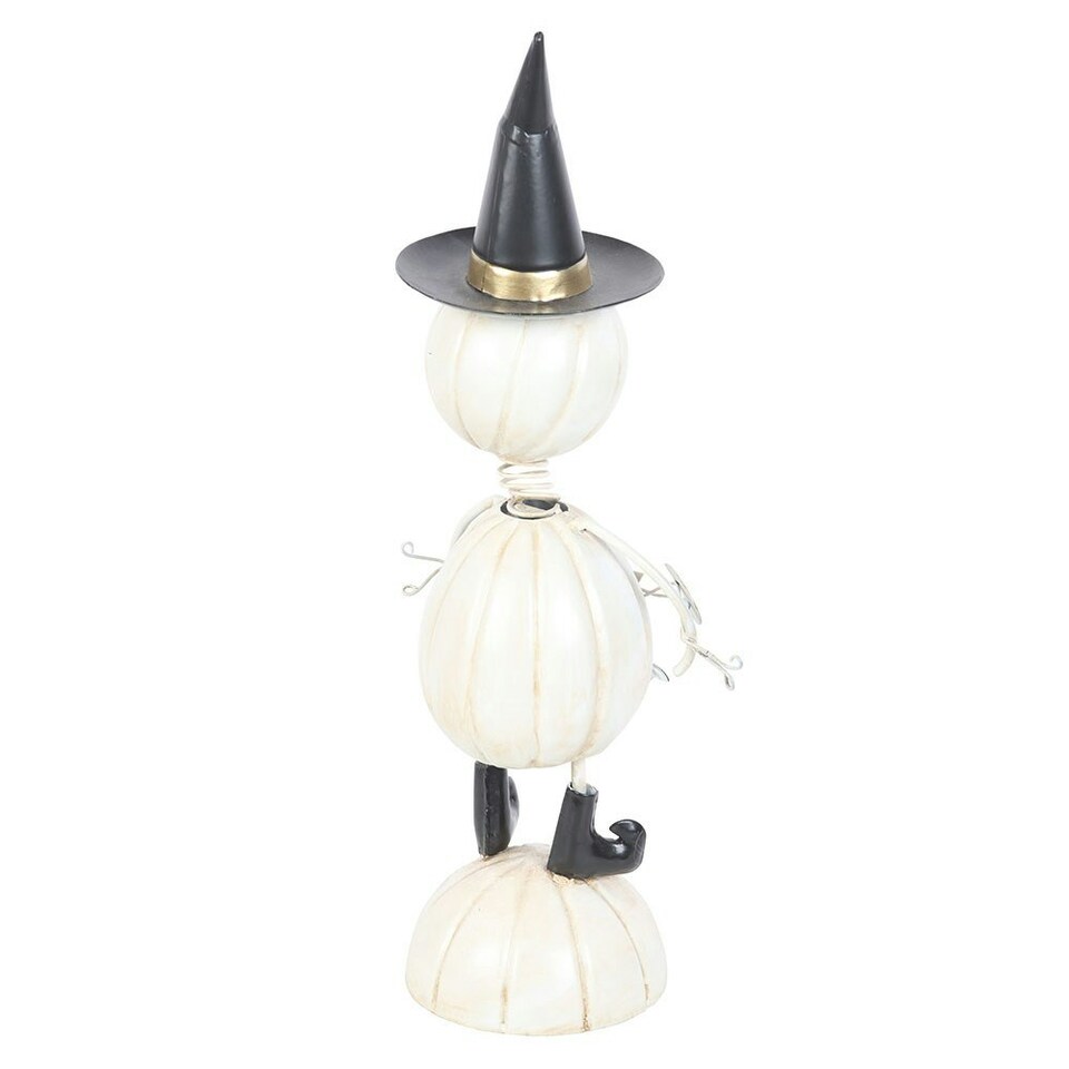 image 1 of White Metal Pumpkin Man Halloween Ornament with Witch Hat