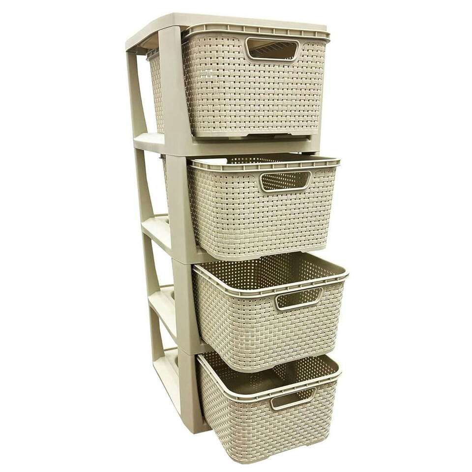 image 1 of Cream 4 Drawer Stylish Rattan Effect Storage Tower Commode Baskets For Home & Office Cream