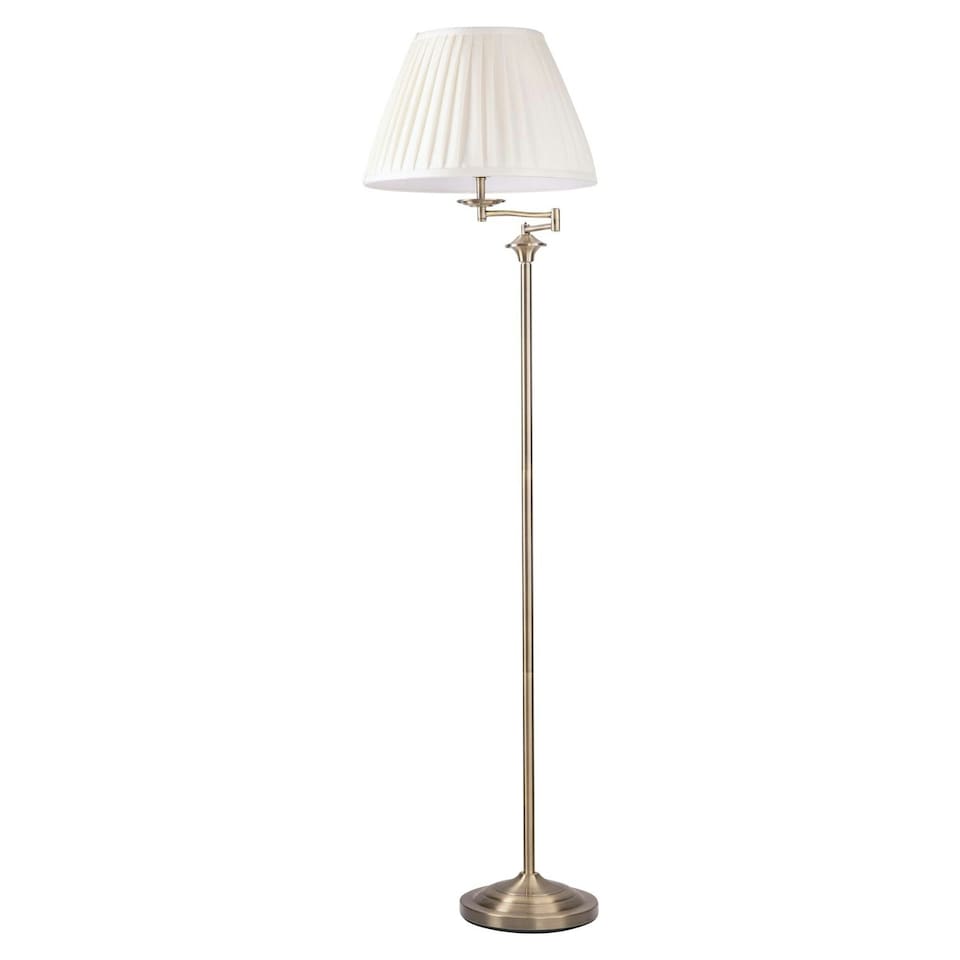 image 1 of First Choice Lighting Antique Brass Swing Arm Floor Lamp with White Pleated Shade Bronze | White