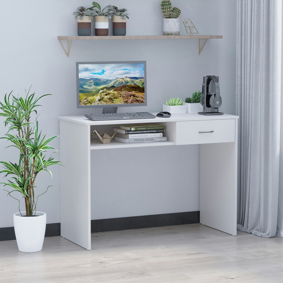 image 1 of HOMCOM Modern Computer Work Desk Table Study Shelf Drawer Writing Station White