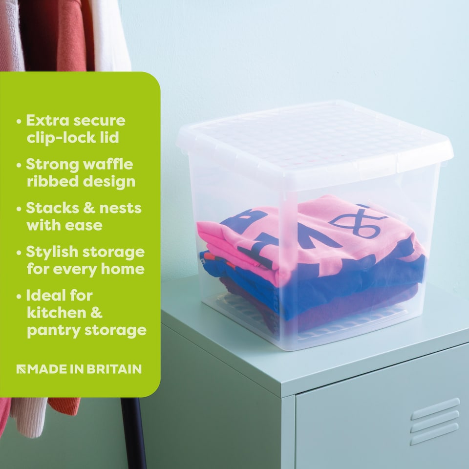 image 1 of Wham Clip 5x 14L Square Plastic Storage Boxes with Clip Lock Lids. Ideal for Home, Office, Toys & More - Clear/Clear | Clear | 5