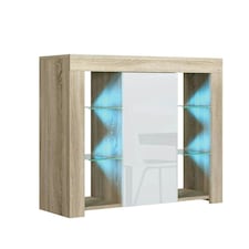 Sideboard 97.5cm White Gloss Door Oak Matt Body Glass Shelves Free LED Multi | Oak & White