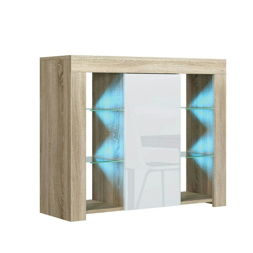 image 1 of Sideboard 97.5cm White Gloss Door Oak Matt Body Glass Shelves Free LED Multi | Oak & White