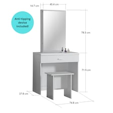 Makeup Dressing Table Set With Sliding Storage Space Vanity Mirror and Stool White