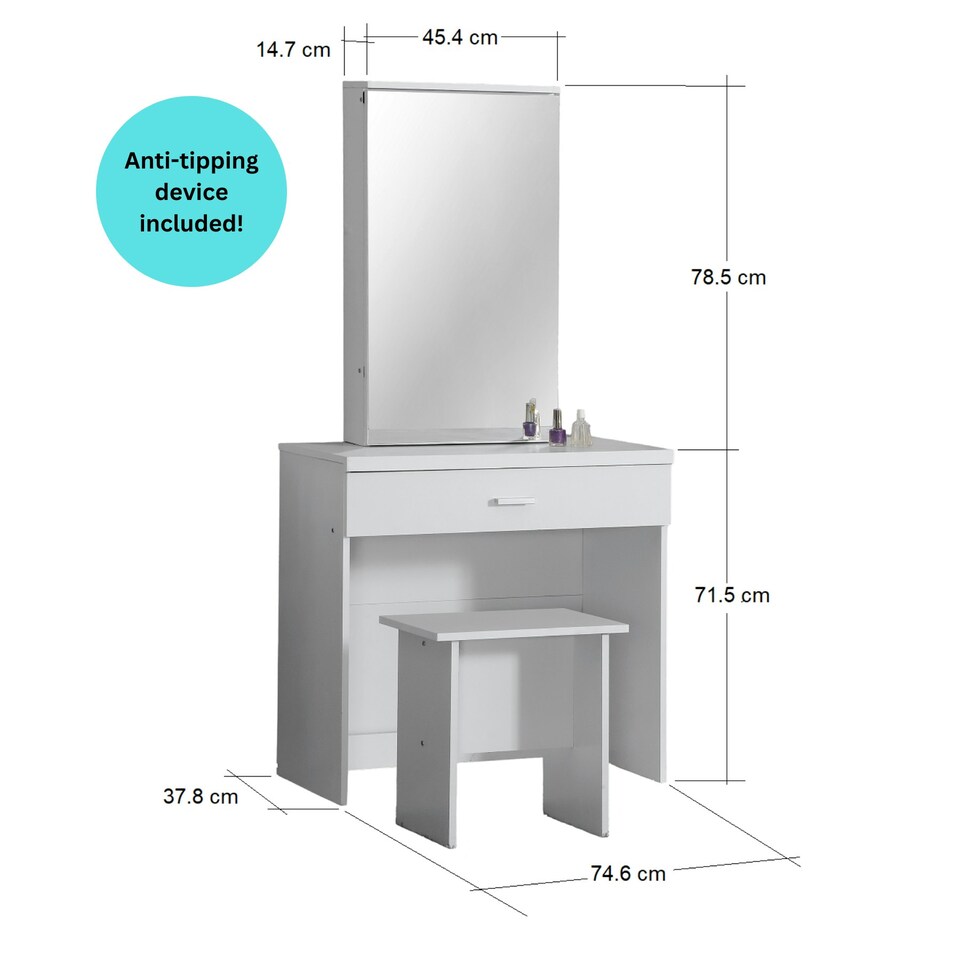 image 1 of Makeup Dressing Table Set With Sliding Storage Space Vanity Mirror and Stool White