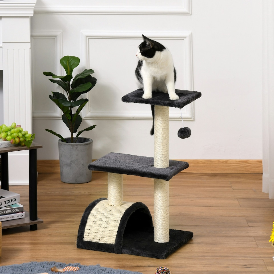 image 1 of PawHut Cat Tree Tower with Sisal Scratch Post, Arc Perch, 72cm, Black