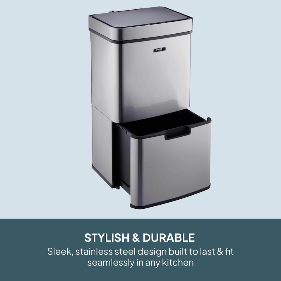 image 1 of Cooks Professional Recycling Sensor Bin 75L with Dual Compartments & Food Caddy | Silver | Silver