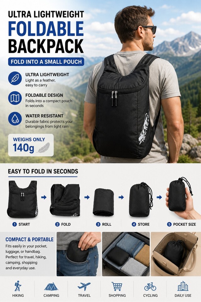 image 1 of 20L Ultra Lightweight Foldable Backpack Water Resistant Daypack