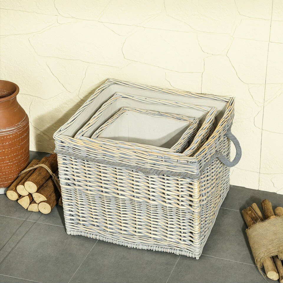 image 1 of Outsunny Set of 3 Wicker Log Basket with Liner and Rope Handles, Beige