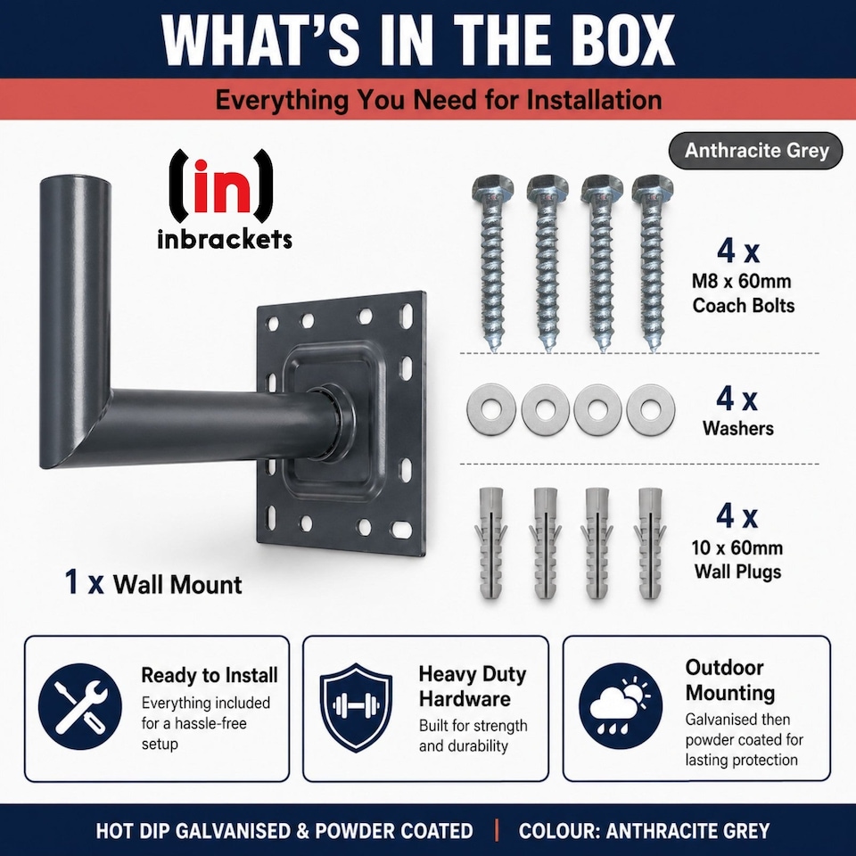 image 1 of Inbrackets Heavy Duty 2" Satellite L Shaped Wall Bracket Anthracite Grey for Starlink, Sky and TV Aerial