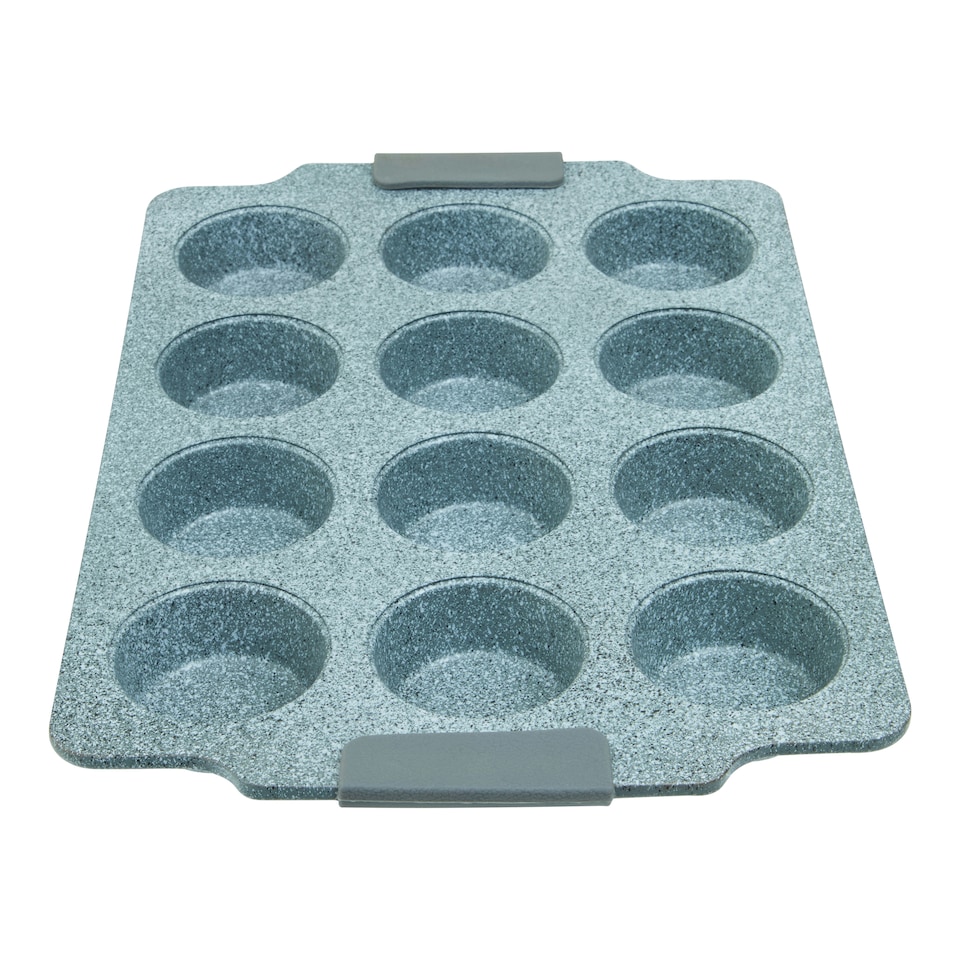 image 1 of Interiors by Premier Grey 12 Muffin Tray | Marble Finish Muffin Oven Tray, Non-Stick Baking Tray for Perfet Muffins