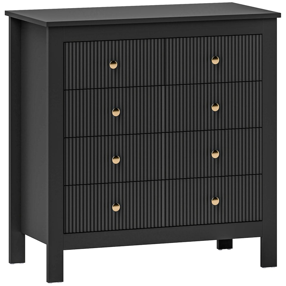 image 1 of HOMCOM Fluted Bedroom Chest of Drawers w/ 5 Drawers Gold Tone Handles Black