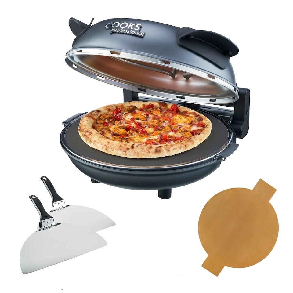 image 1 of Cooks Professional Electric Pizza Oven with Stone Base, Window, Paddles & Baking Sheet | Grey