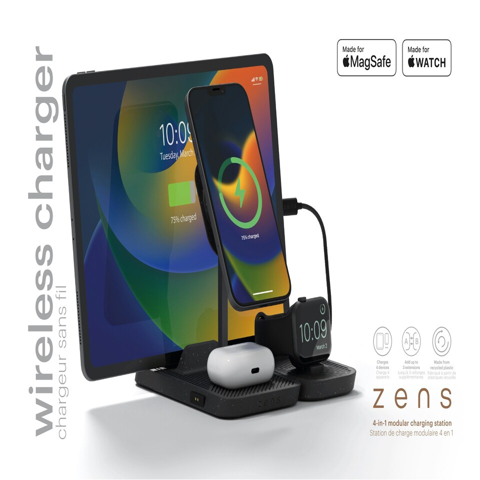 image 1 of Zens 4-in-1 Modular Wireless Charging Station (incl. Wall Charger) - black