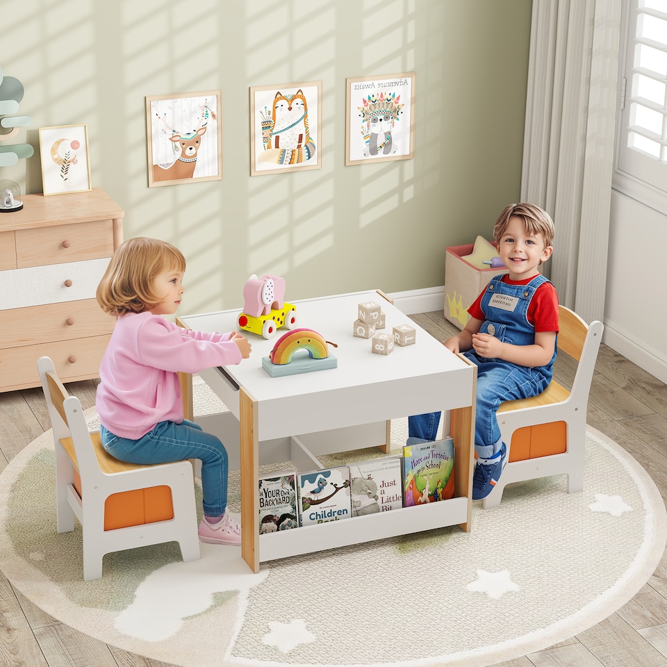 image 1 of COSTWAY Kids Table and 2 Chairs Set Multifunctional Natural