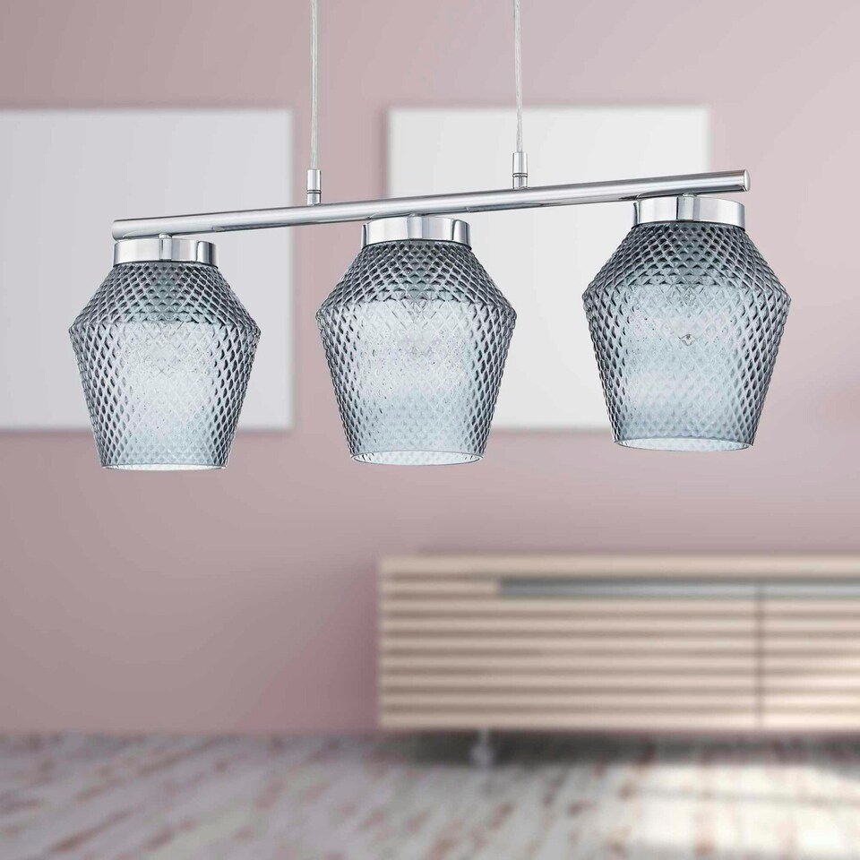 image 1 of First Choice Lighting Set of 2 Fraser Smoked Textured Glass 3 Light Pendant Bars Chrome | Clear