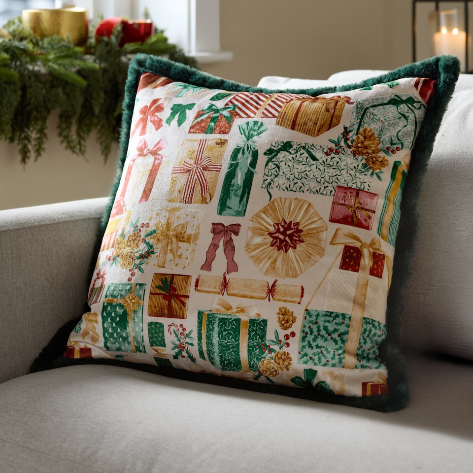 image 1 of Furn All Wrapped Up Velvet Faux Fur Cushion | Green | Emerald/Red