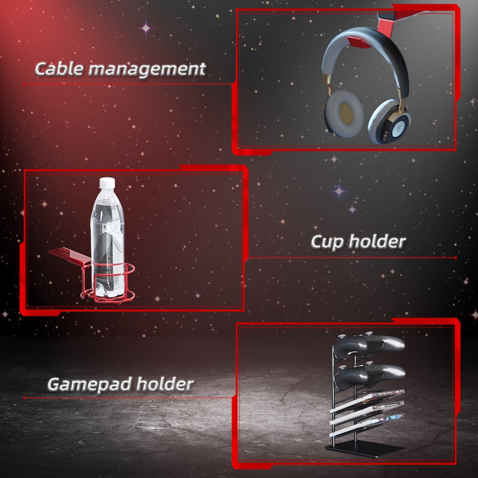 image 1 of HOMCOM 142 x 66 cm Gaming Desk, Carbon Fibre Covered Computer Desk, Gamer Workstation with Headphone Hook, Cup Holder and Gamepad Storage Rack, Black and Red