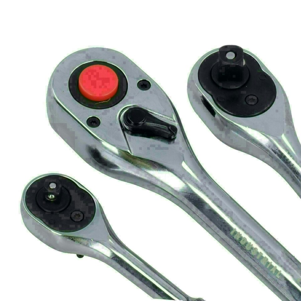 image 1 of 1/4in 3/8in 1/2in Drive Ratchets with Straight Handle 90 Teeth Quick Release 3pc