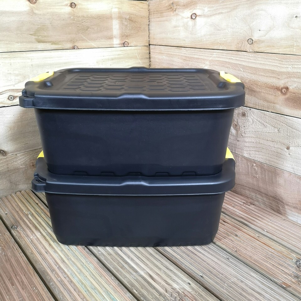 image 1 of 2 x 24L Heavy Duty Storage Boxes, Sturdy, Lockable, Stackable and Nestable Design Storage Chests with Clips in Black