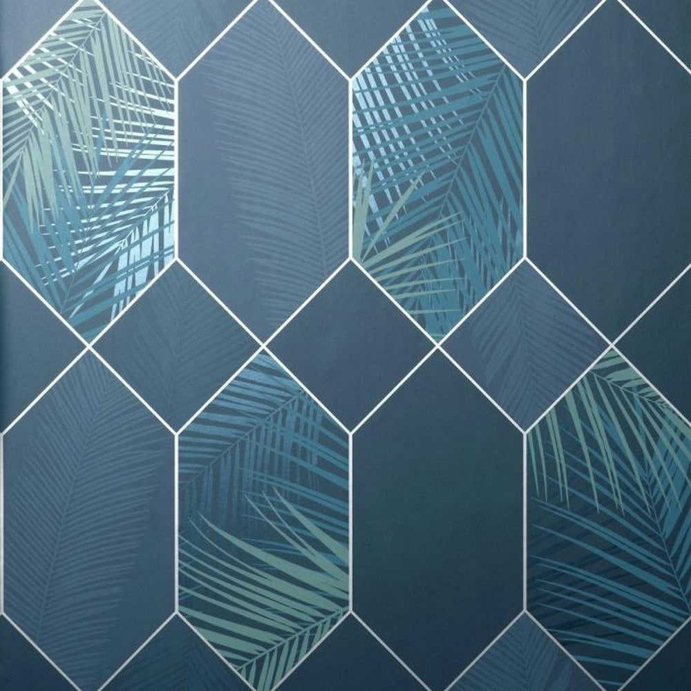 Fine Decor Miami Geometric Leaf Wallpaper - Navy/Silver - One Size Blue