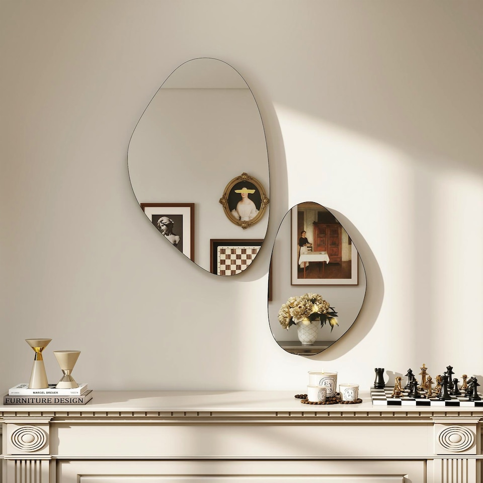 image 1 of HOMCOM Pebble-Shaped Decorative Mirror, Set of 2 Wall Mirror, Black | Black | Black | Large: 70x46x2.5cm, Small: 49.5x31x2.5cm