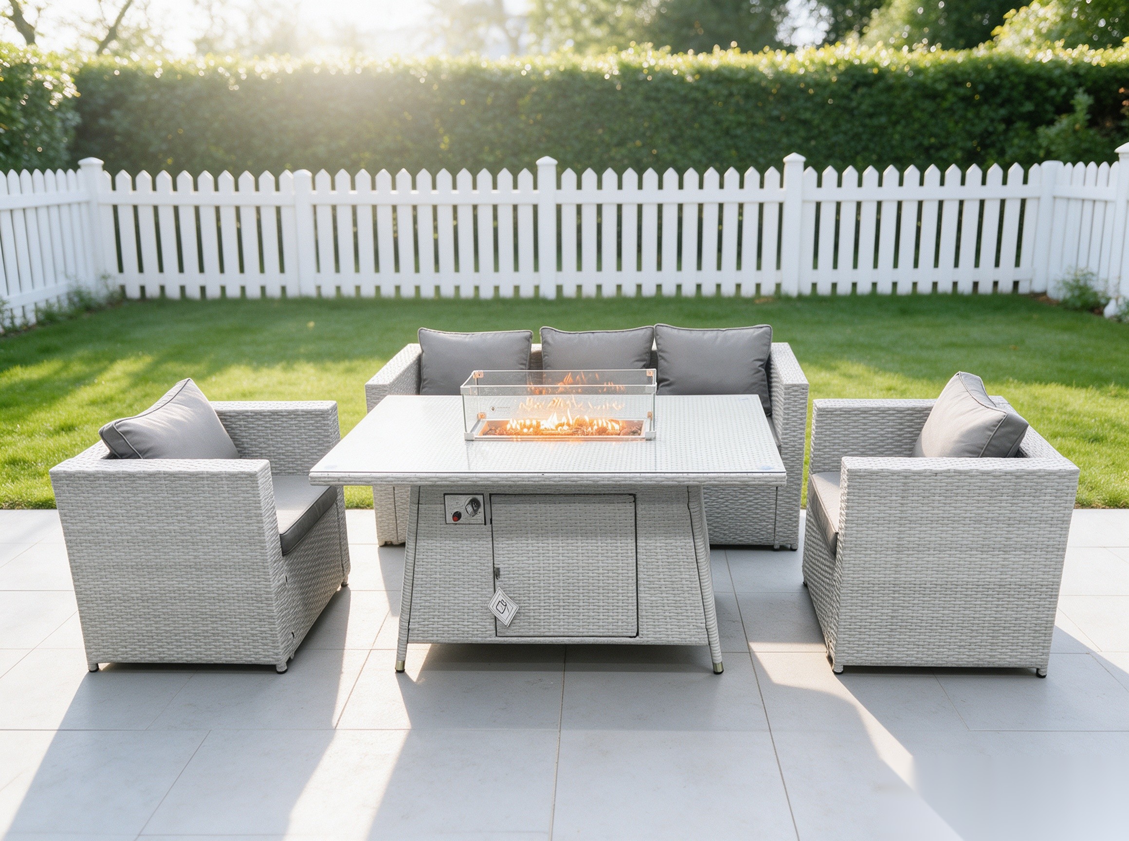 Fimous Light Grey Rattan Gas Fire Pit Garden Furniture Dining Table Set Heater Burner Chairs Lounge Sofa Set Arm Chairs