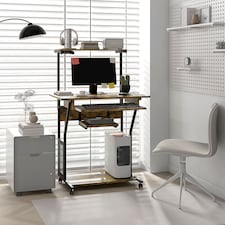 HOMCOM Mobile Computer Desk with Keyboard Tray, Rolling Study Table with Storage Shelves and Wheels, Industrial Writing Desk for Home Office, 80 x 50 x 130cm, Rustic Brown