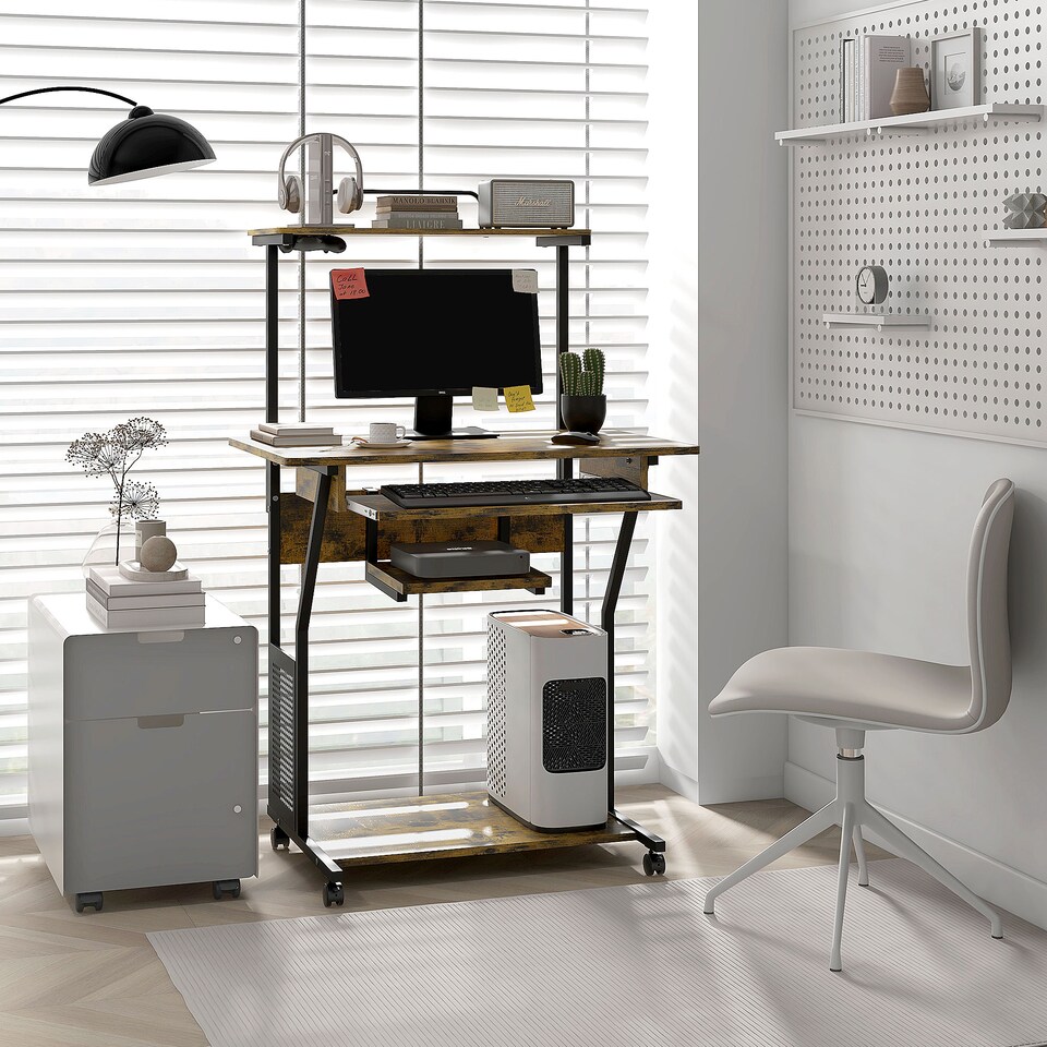 image 1 of HOMCOM Mobile Computer Desk with Keyboard Tray, Rolling Study Table with Storage Shelves and Wheels, Industrial Writing Desk for Home Office, 80 x 50 x 130cm, Rustic Brown