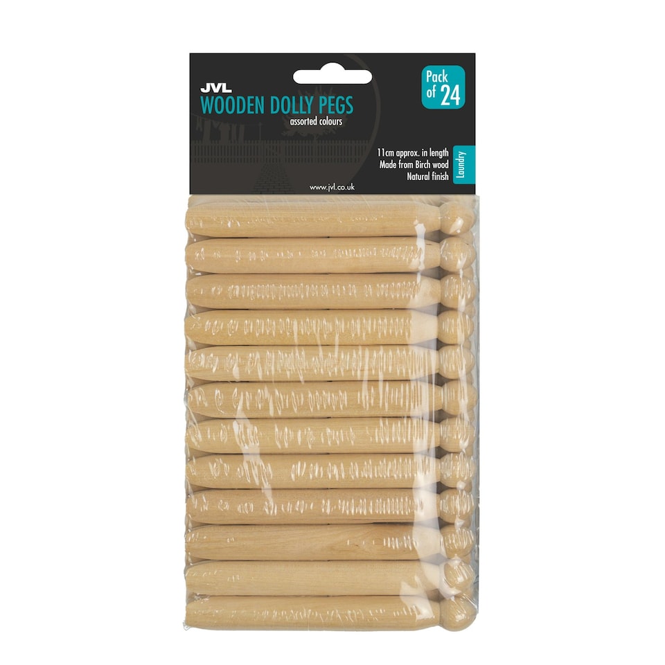 image 1 of JVL Plastic Peg Basket, Grey with 48 Wooden Dolly Pegs, Brown