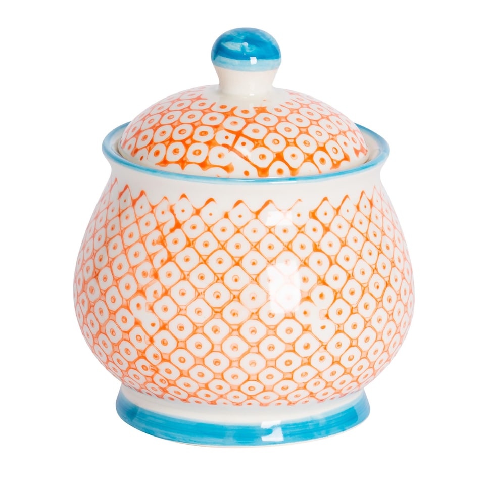 image 1 of Nicola Spring Hand-Printed Sugar Bowl - 10cm - Orange | Orange | Multi-Coloured