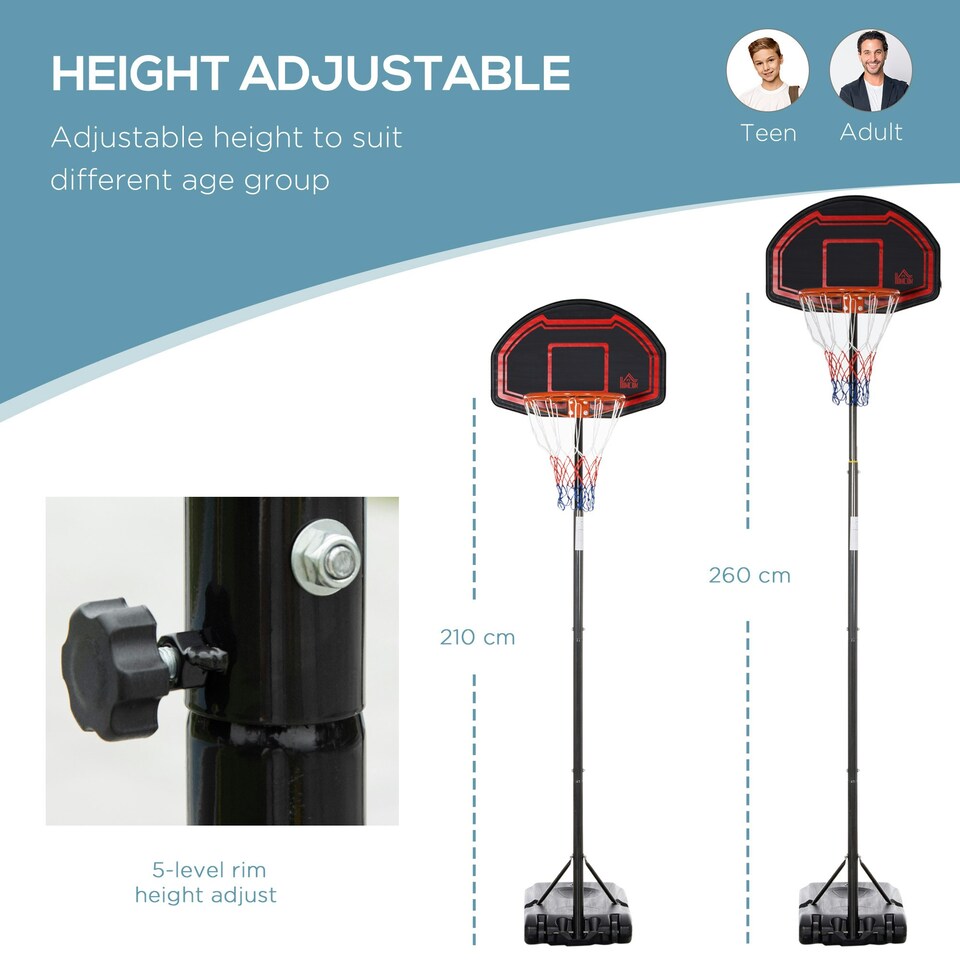 image 1 of HOMCOM Outdoor Adjustable Basketball Hoop Stand w/ Wheels and Stable Base Black
