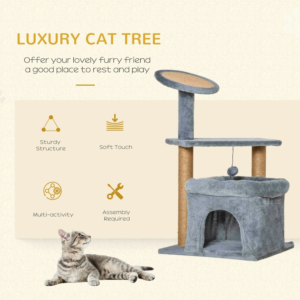 image 1 of PawHut Cat Scratching Post with Bed House Perch Toy for Indoor Cats, Grey