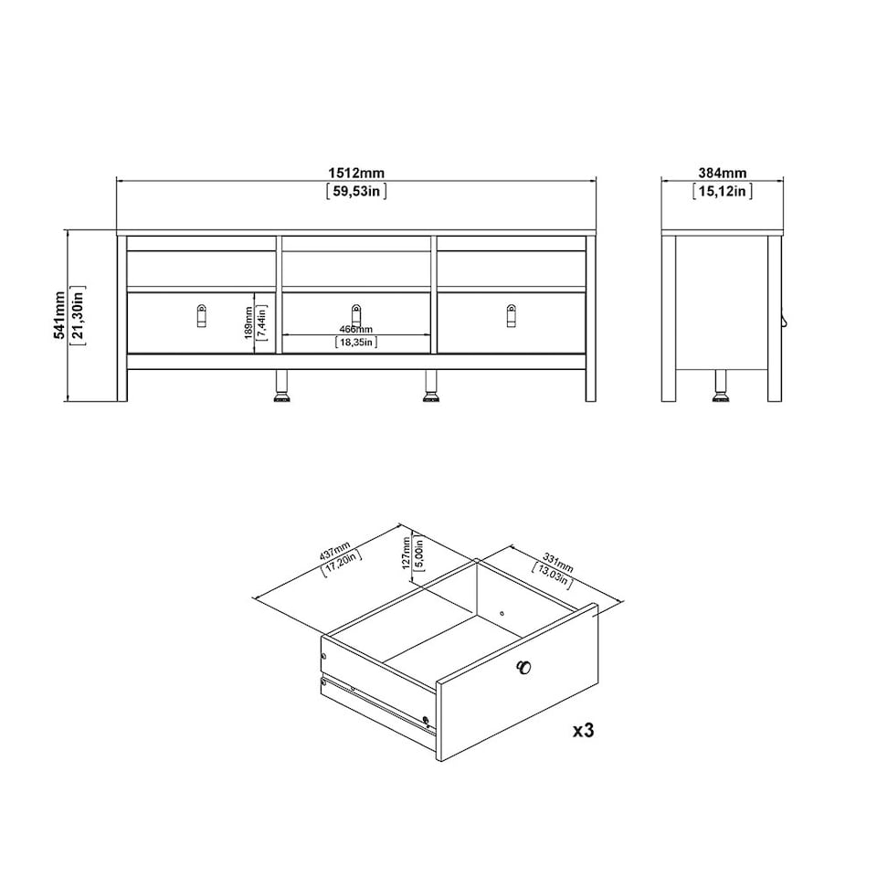 image 1 of Madrid TV Unit 3 Drawers in White