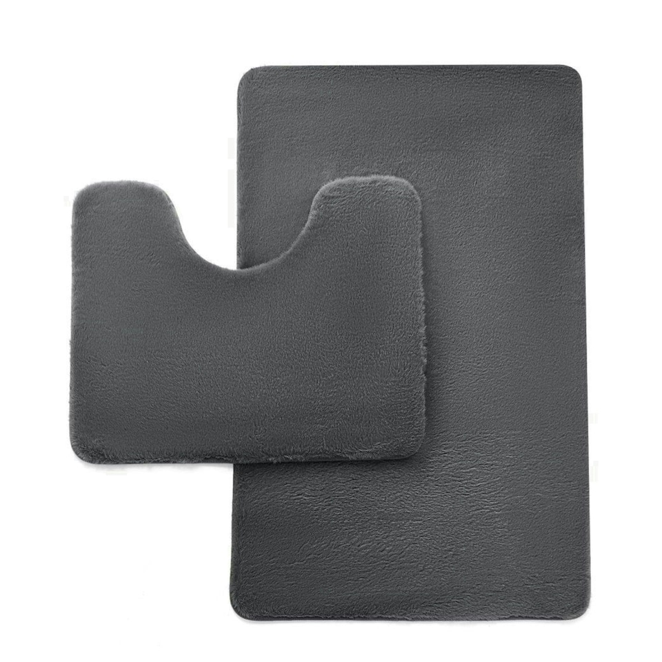 image 1 of VELVETIO Faux Fur Bath Mat Set Shaggy Super Soft Plush Anti Slip PVC Back Grey | Charcoal