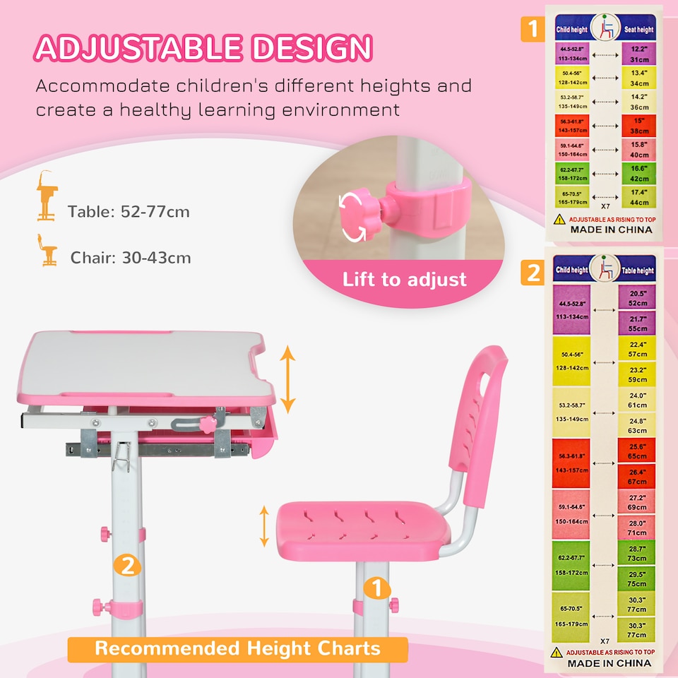 image 1 of HOMCOM Kids Desk and Chair Set Adjustable Tiltable with Drawer Pen Slot Hook | Pink