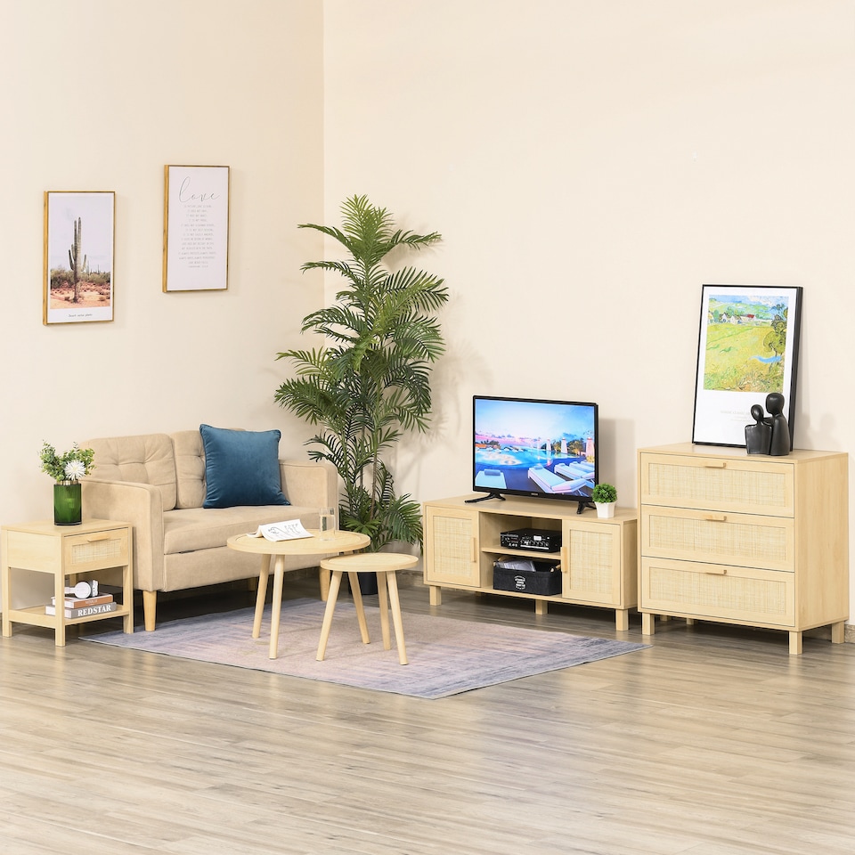 image 1 of HOMCOM Nightstand with Rattan Drawer and Storage Shelf, Bedside End Table for Bedroom, Living Room