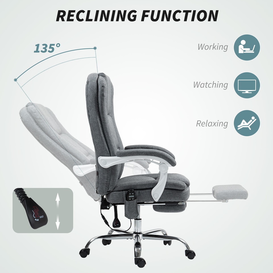 image 1 of HOMCOM Office Chair with 6-point Massage and Heat, Fabric Computer Desk Chair with Reclining Backrest, High Back, Height Adjustable, Swivel Wheels, Footrest, Remote, for Home, Grey