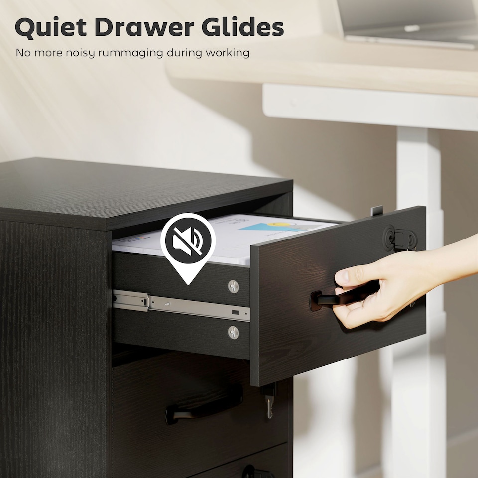 image 1 of HOMCOM Mobile Filing Cabinet with 3 Drawers and Wheels, Lockable Rolling Under Desk Drawers for A4 and Letter Sized Hanging File Holders, Printer Stand for Home Office, Black | Black | Black