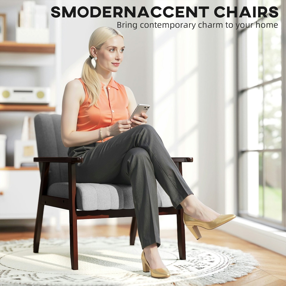 image 1 of HOMCOM Modern Accent Chair Upholstered Armchair for Bedroom Living Room Grey