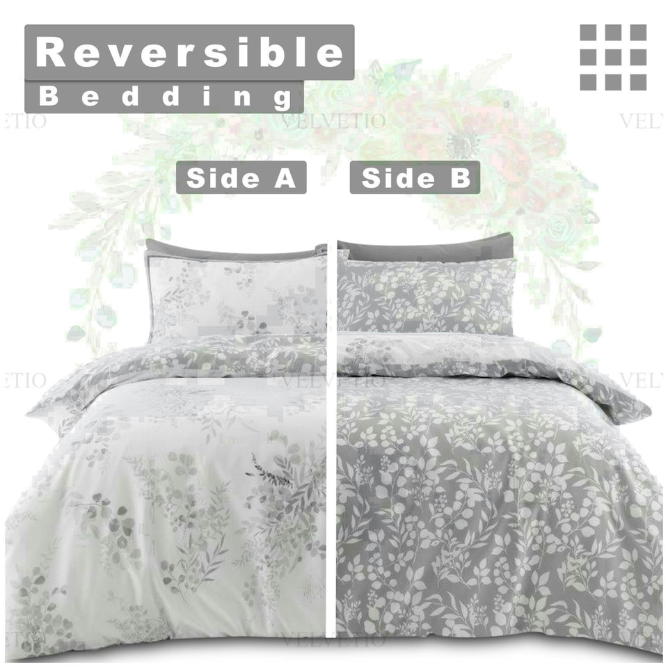 image 1 of Perla Floral Printed Duvet Cover Set Reversible Polycotton Beddings Grey | Double