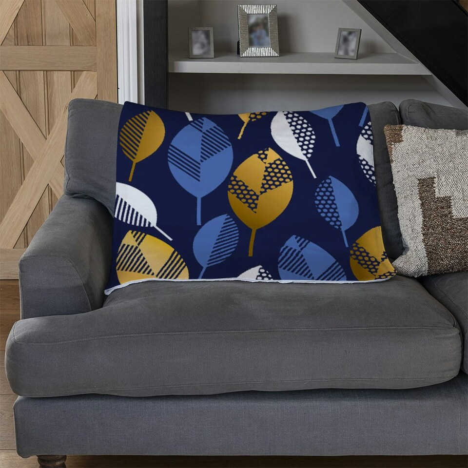image 1 of White, Blue & Gold Leaves on Navy Background (Blanket)