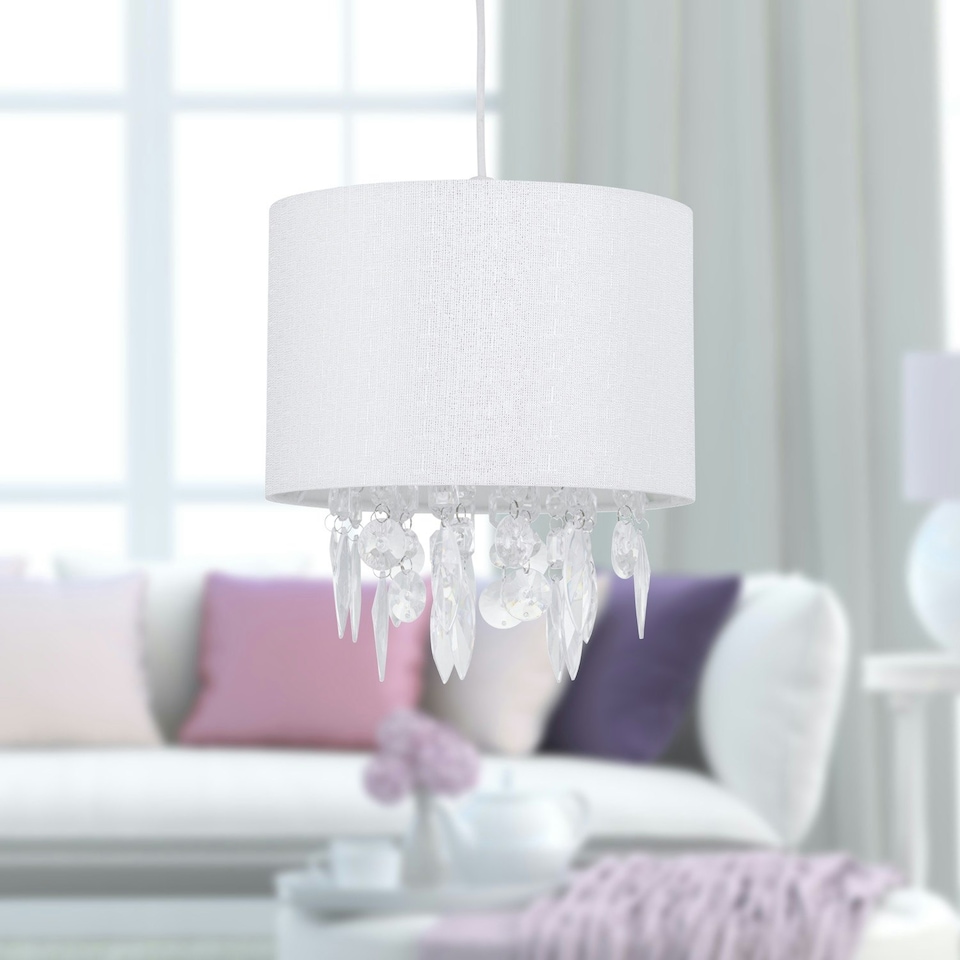 image 1 of Fiji - White Linen with Silver Fleck Detail Jewelled Pendant Shade White | Clear