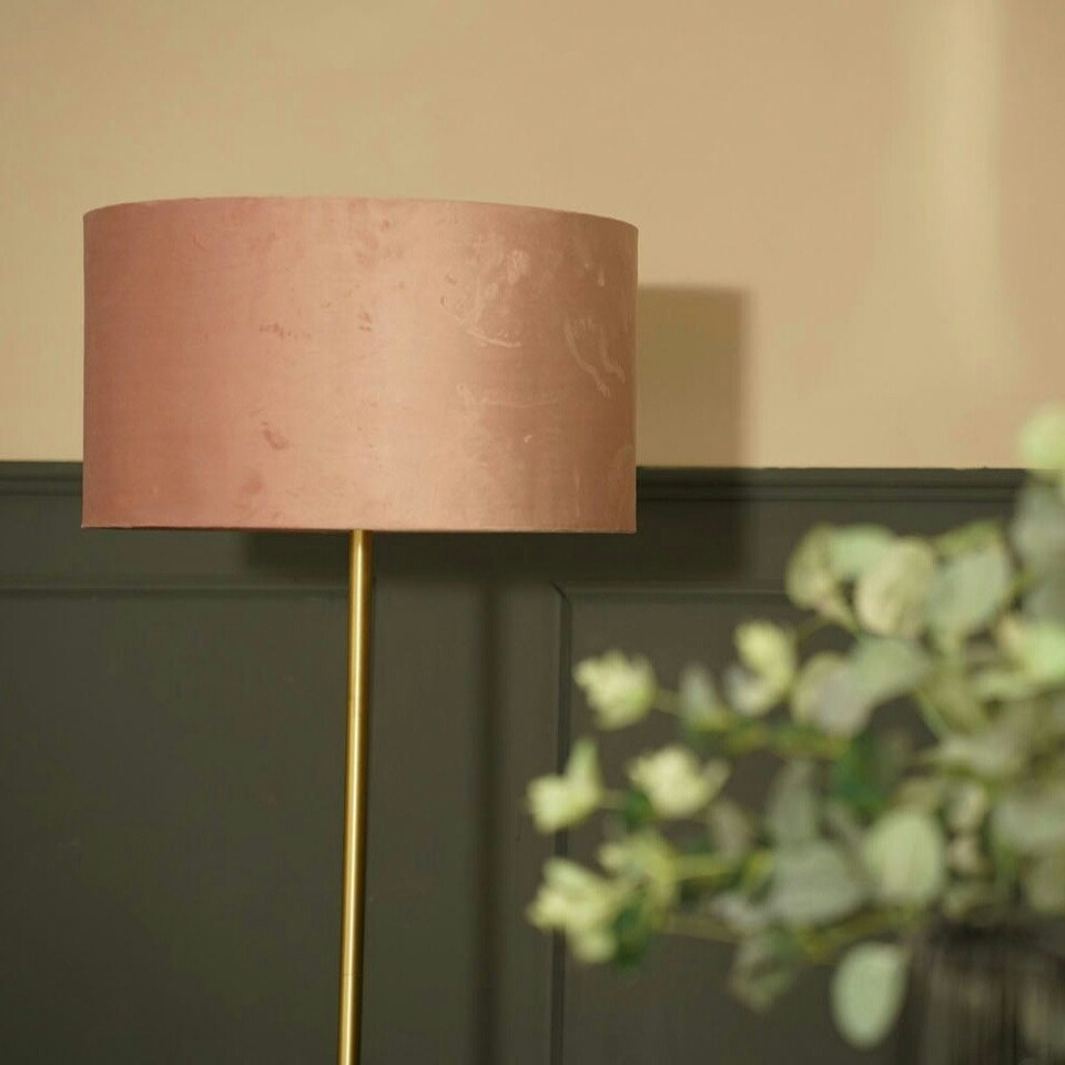 image 1 of ValueLights Tavel Brushed Gold Floor Lamp with Large Pink Drum Shade and LED Bulb