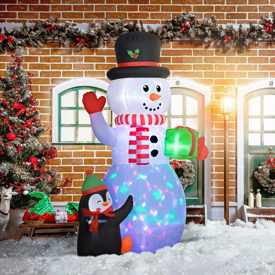 image 1 of Outsunny 8FT Inflatable Snowman Holding Gift Box w/ Penguin and LED Lights